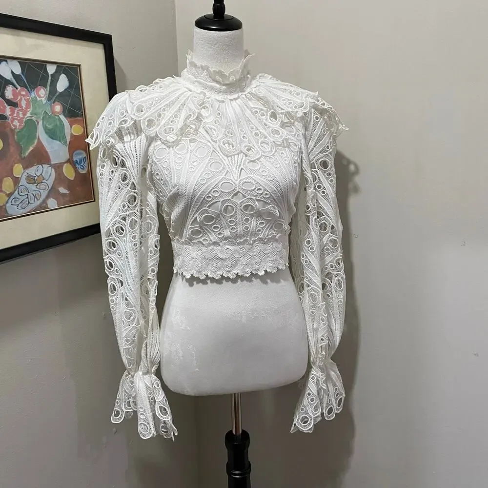 ASOS LUXE Backless Eyelet Ruffle Neck Top Sizes 0 White Lace Long Sleeve - Picture 3 of 13